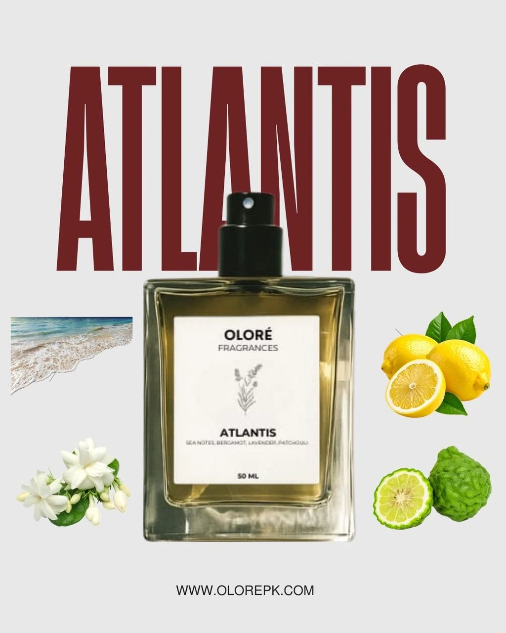 Oloère Fragrances Atlantis perfume bottle with lemons, limes, and flowers on a light gray background.