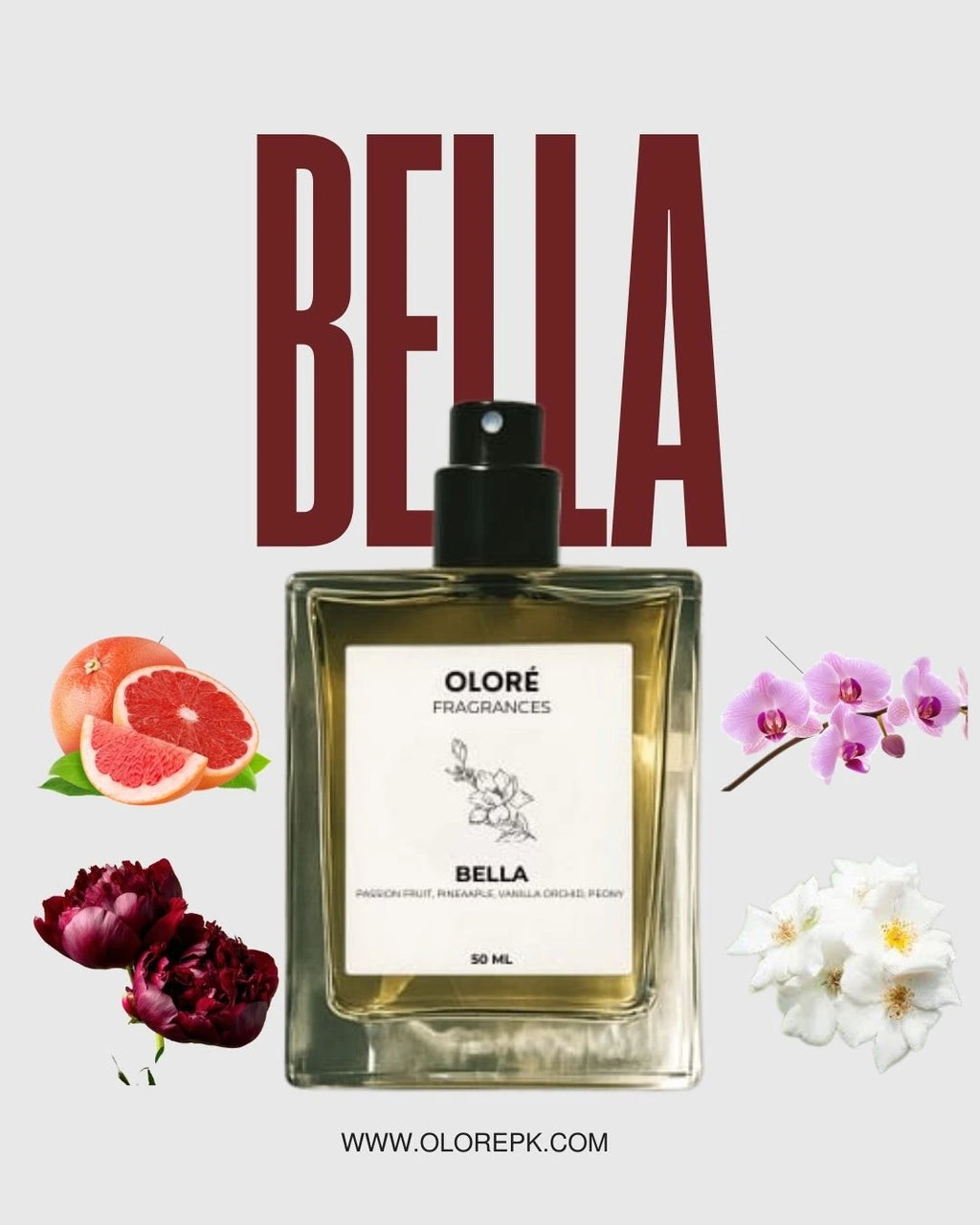 Perfume bottle labeled 'Bella' by Olore Fragrances with floral and fruit graphics on a light background.
