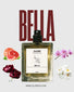 Perfume bottle labeled 'Bella' by Olore Fragrances with floral and fruit graphics on a light background.