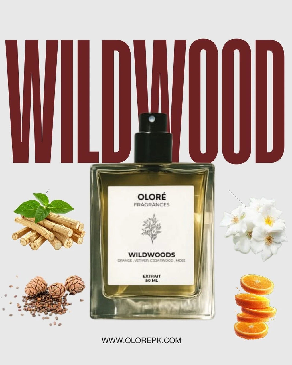 Oloère Wildwoods perfume bottle with ingredients on a light gray background