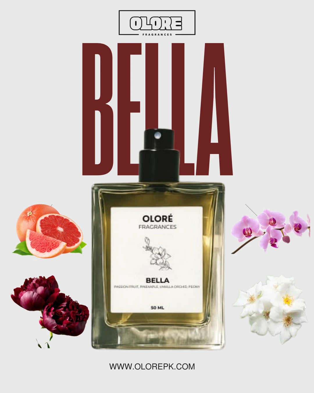 Perfume bottle labeled 'Bella' by Olore Fragrances with floral elements on a light background.