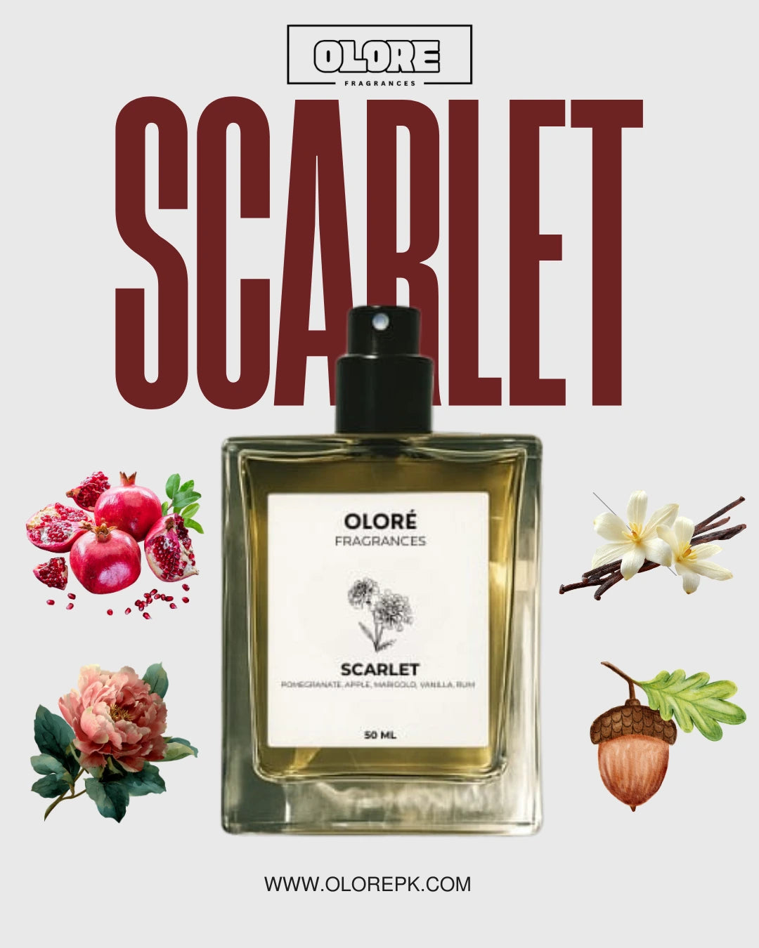 Olore Fragrances Scarlet perfume bottle with floral elements on a light gray background