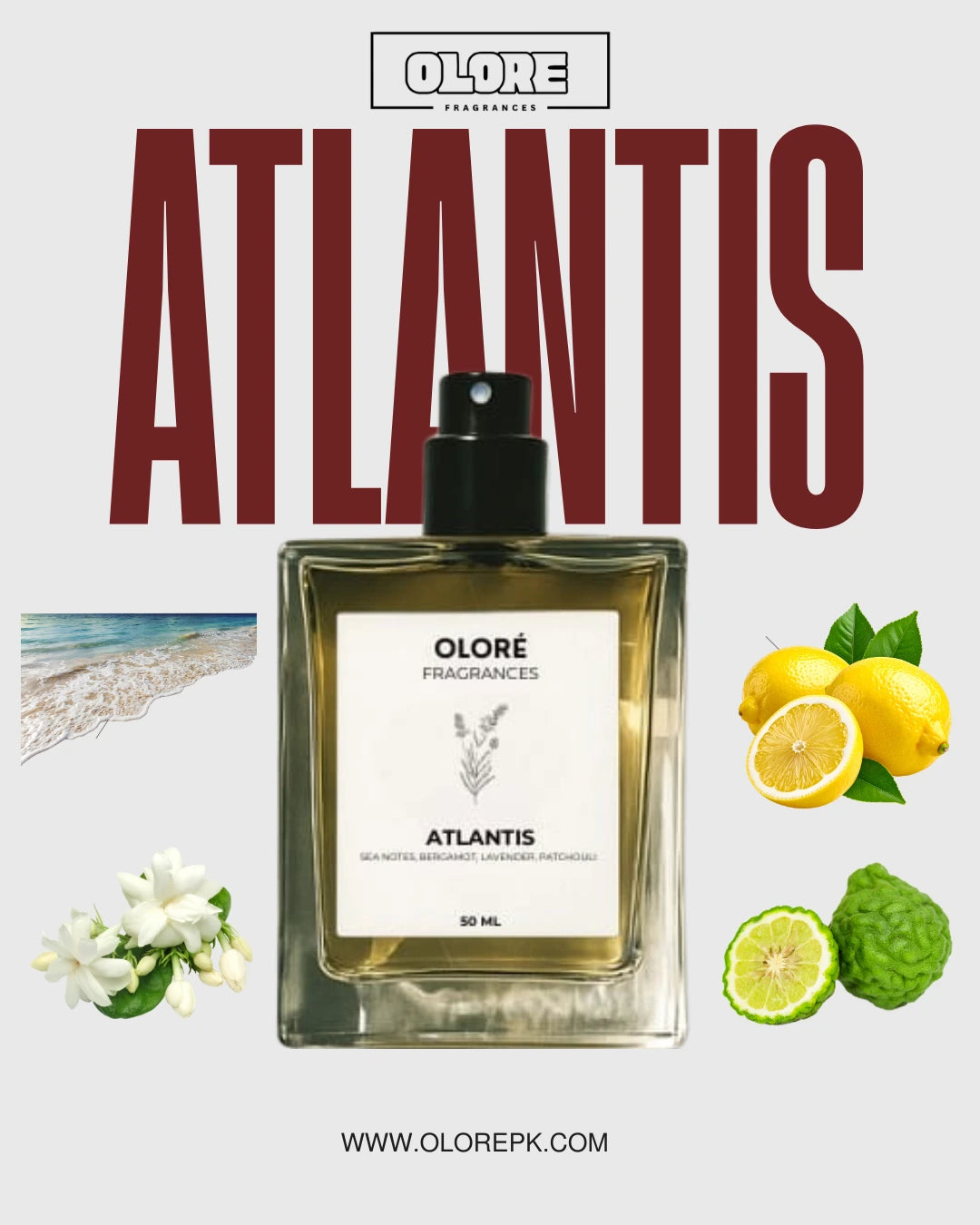 Olore Fragrances Atlantis perfume bottle with lemons, limes, and flowers on a light gray background