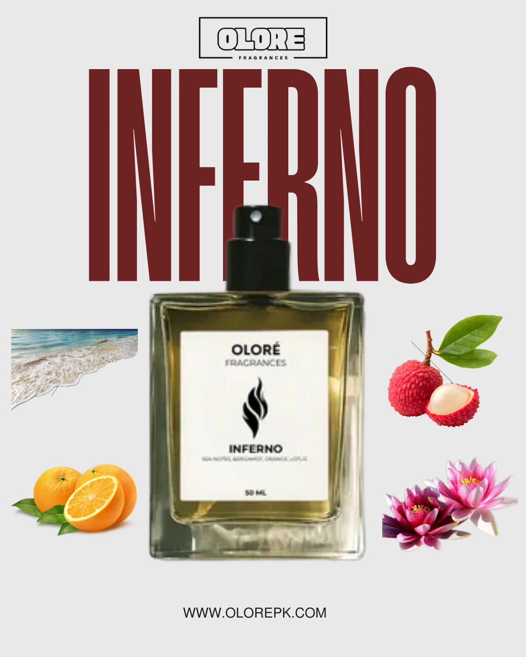 Olore Fragrances Inferno perfume bottle with product and ingredients displayed on a light gray background