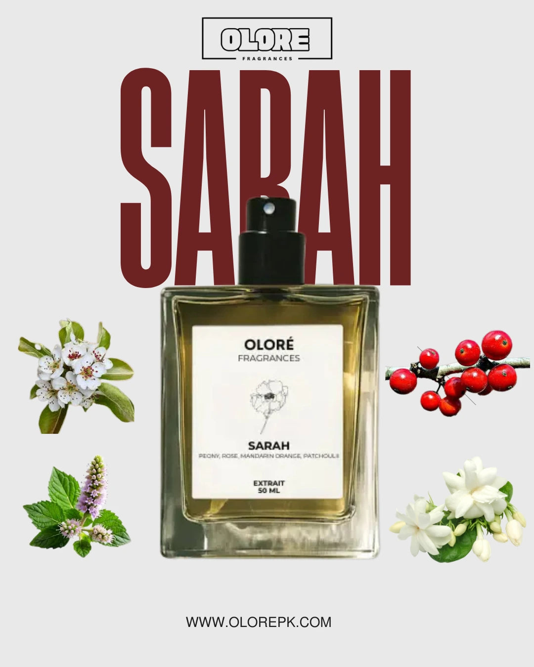 Olore Fragrances Sarah perfume bottle with floral elements on a light background