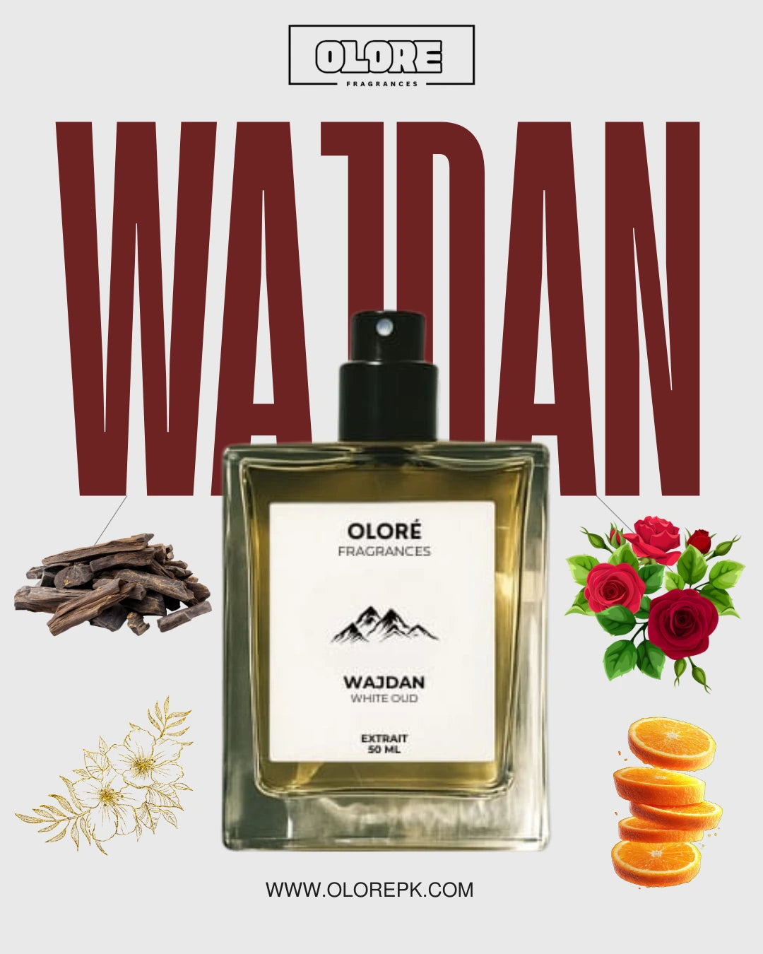 Olore Fragrances Wajdan perfume bottle with decorative elements on a white background