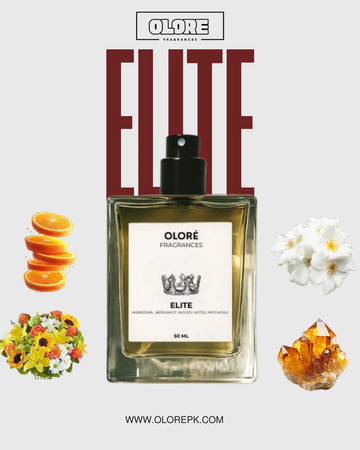 Olore Fragrances Elite perfume bottle with floral and fruit elements on a white background