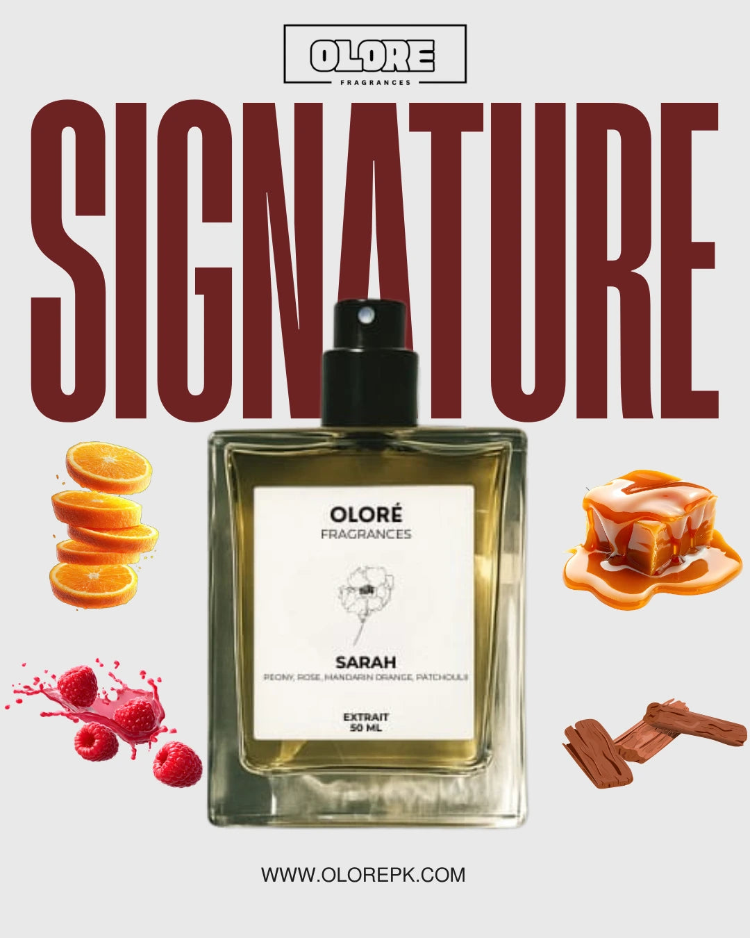 Olore Fragrances Sarah perfume bottle with fruit illustrations and brand name on a white background