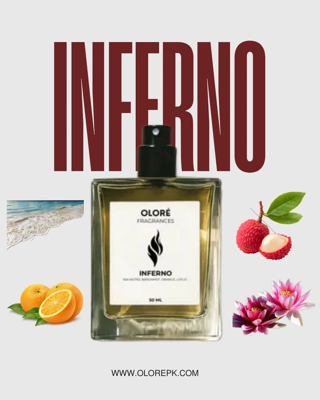Oloère Fragrances Inferno perfume bottle with floral and fruit elements on a light gray background.