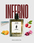 Oloère Fragrances Inferno perfume bottle with floral and fruit elements on a light gray background.