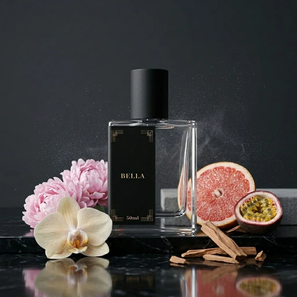 Perfume bottle labeled 'BELLA' with flowers, fruit, and cinnamon on a dark background