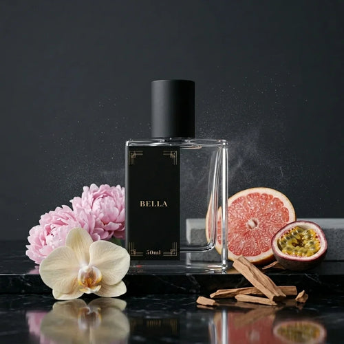 Perfume bottle labeled 'BELLA' with flowers, fruit, and cinnamon on a dark background