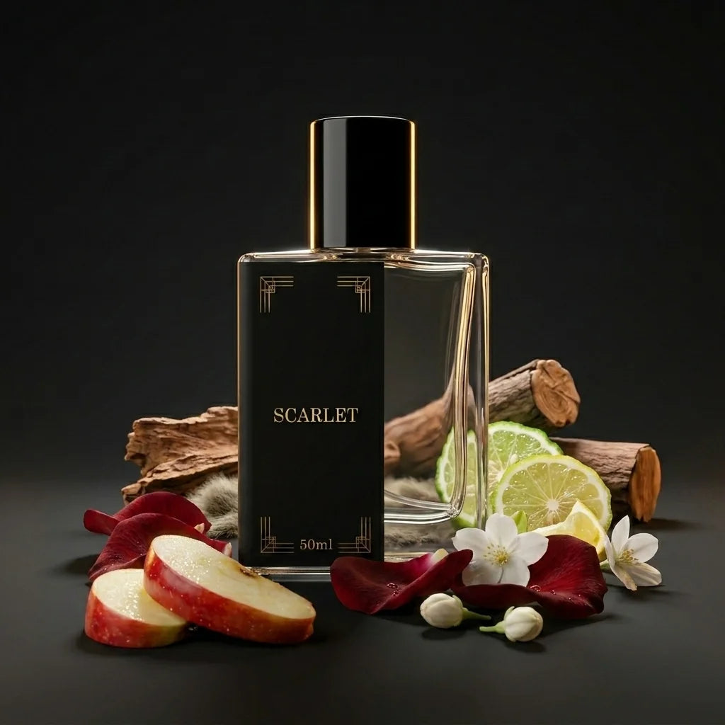 Perfume bottle labeled 'Scarlet' with fruits and flowers on a dark background