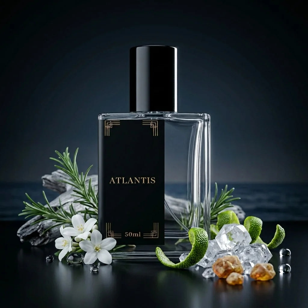 Perfume bottle labeled 'Atlantis' with floral and decorative elements on a dark background