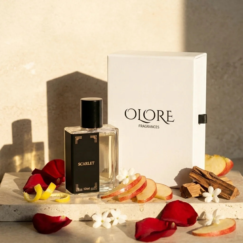 Olore Scarlet perfume bottle with packaging and decorative elements on a light surface.