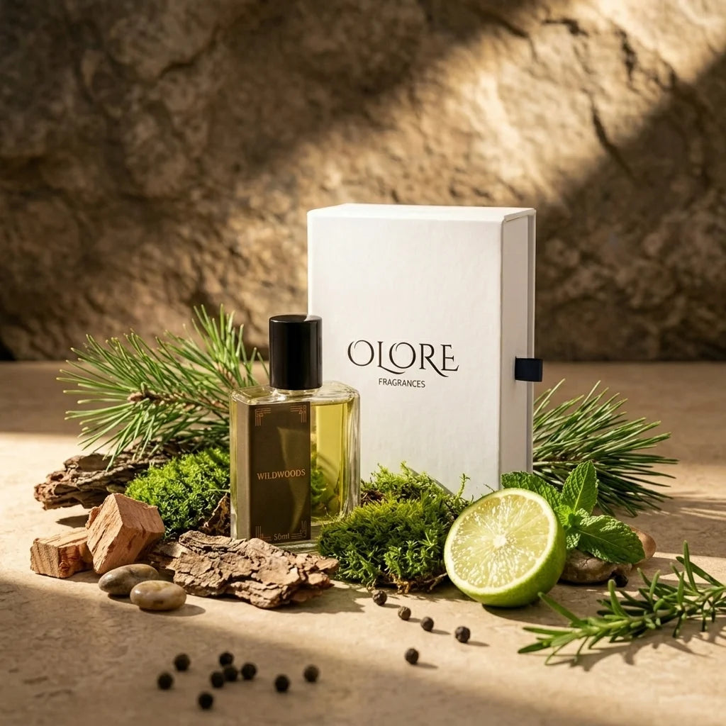 Olore perfume bottle and packaging with natural elements on a stone surface