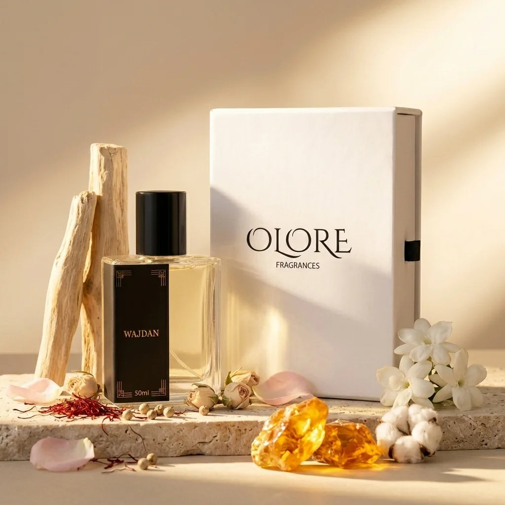 Perfume bottle with packaging and decorative elements on a neutral background