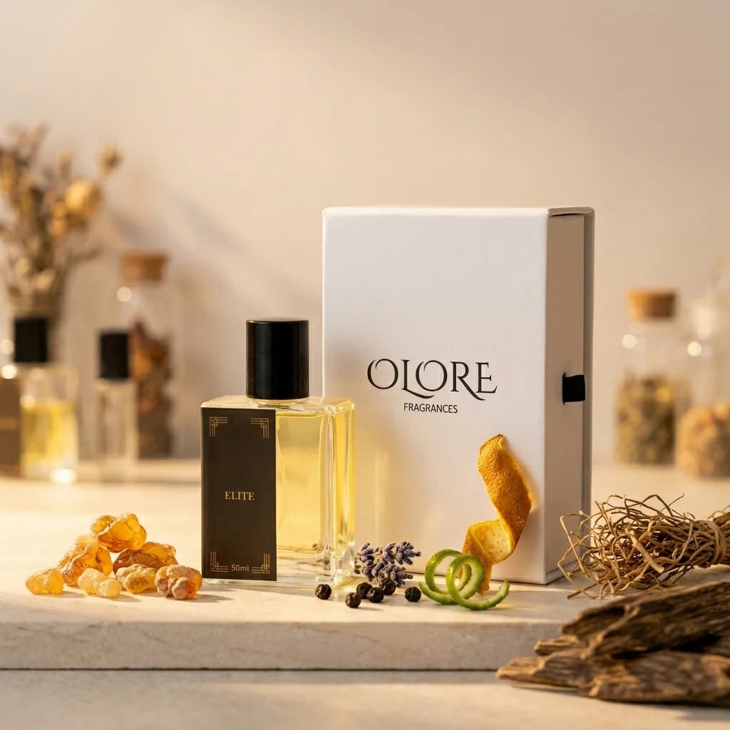 Olore perfume bottle and packaging on a decorative surface with flowers and herbs.