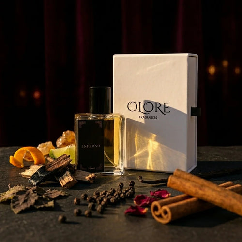 Oloren Fragrances with spices and dried fruits on a dark surface