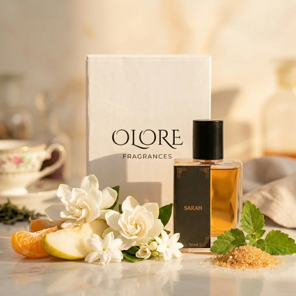Olore Fragrances Sarah perfume bottle with flowers and a box on a reflective surface.