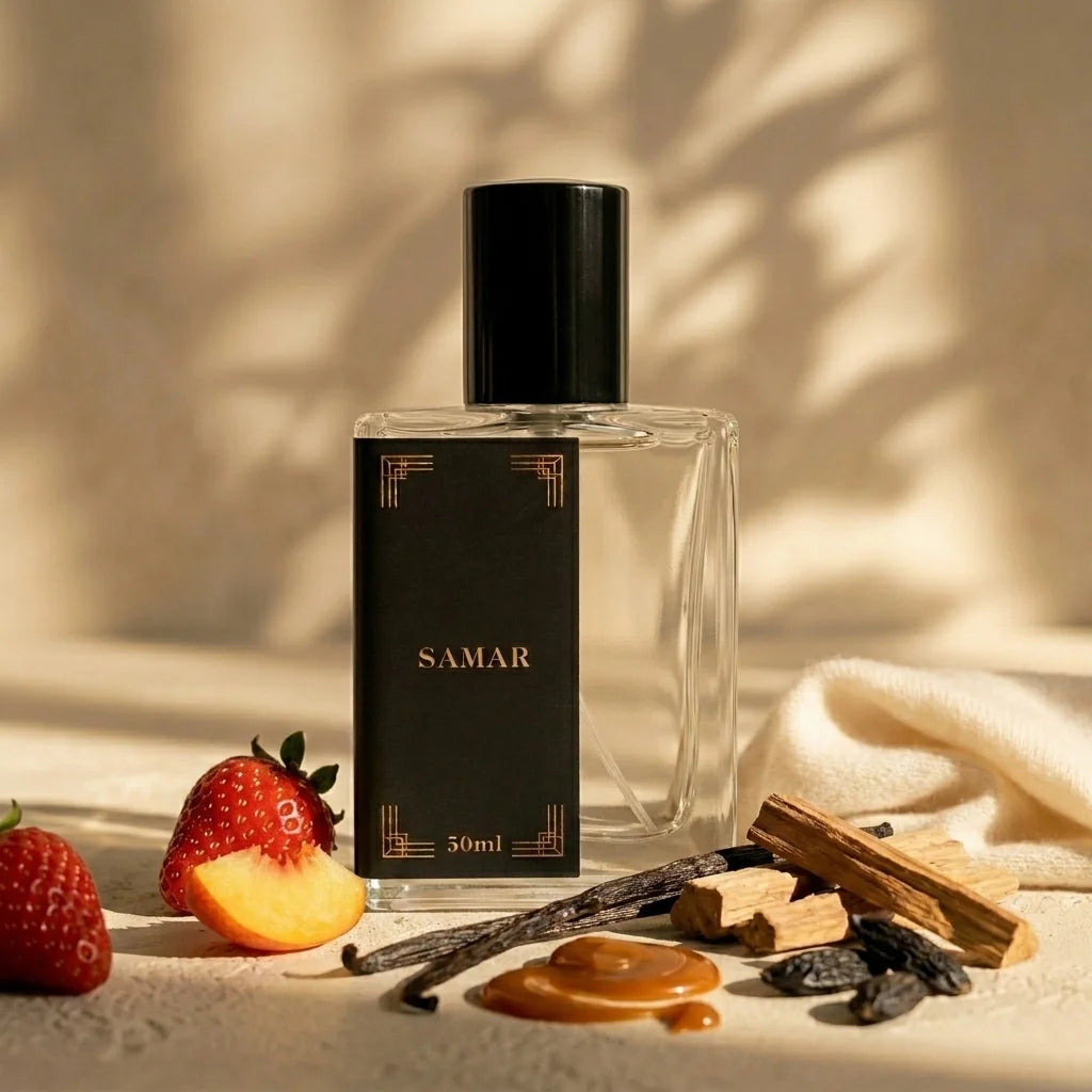 Perfume bottle labeled 'Samar' with strawberries, vanilla beans, and cinnamon on a neutral background
