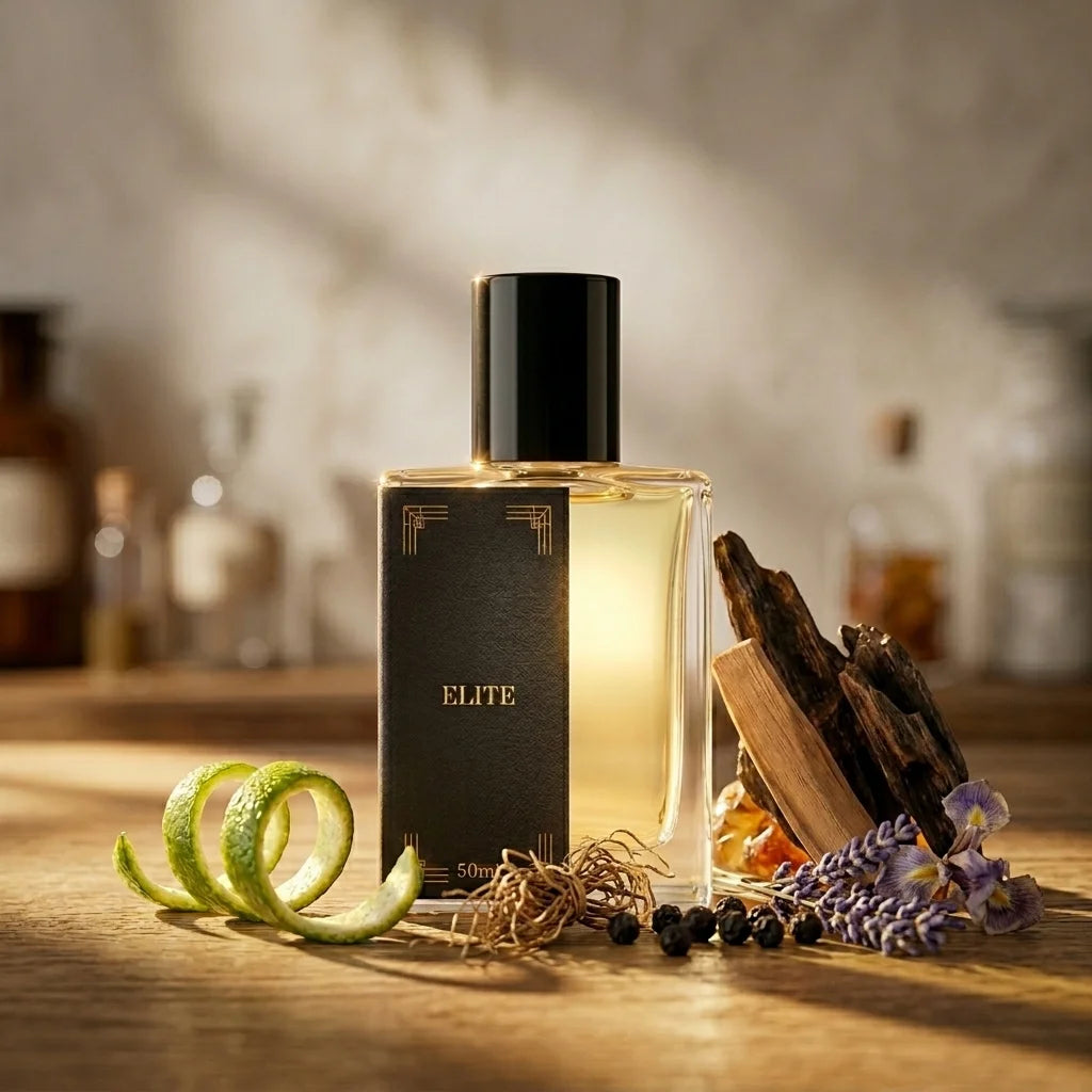 Perfume bottle labeled 'Elite' on a wooden surface with decorative elements.