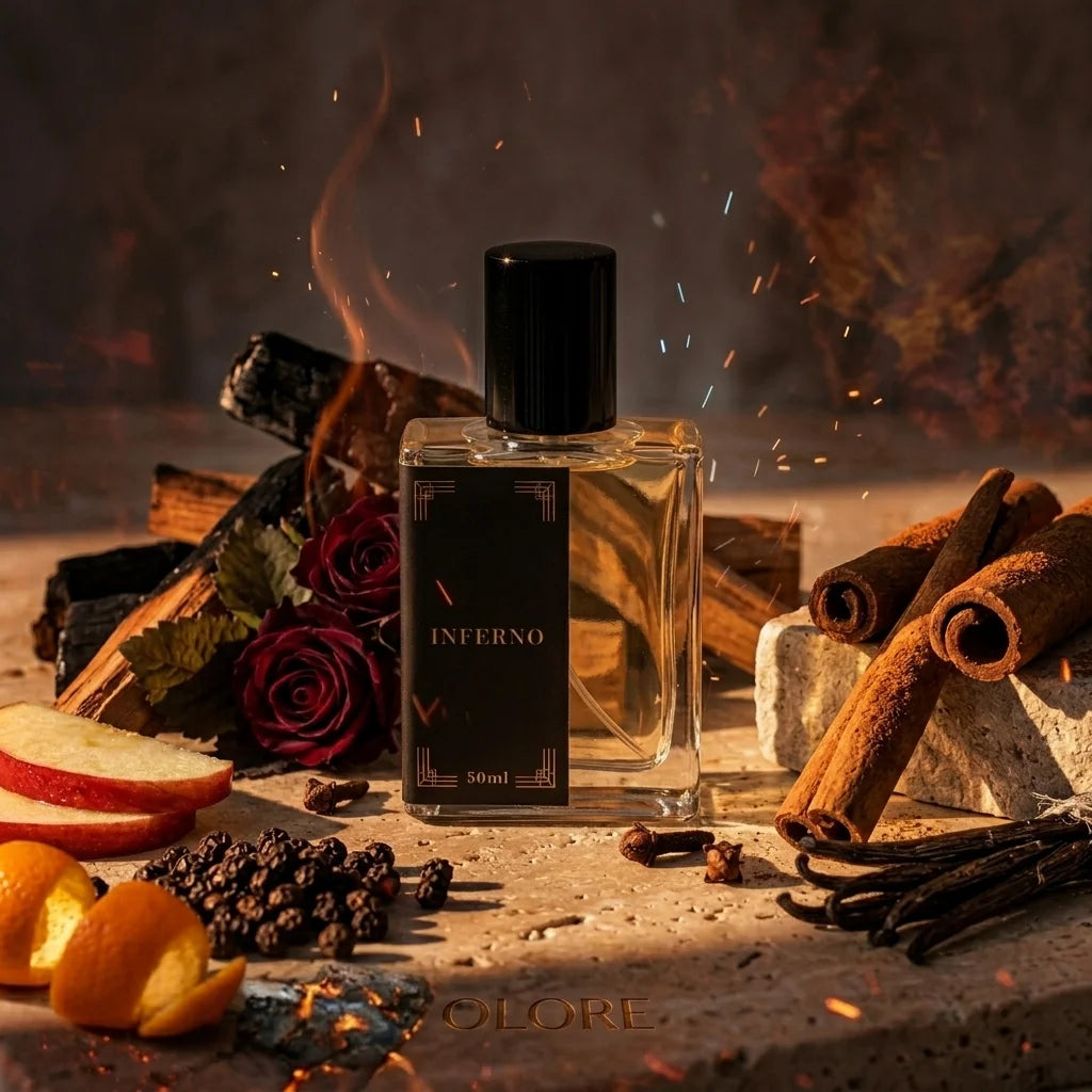 Perfume bottle labeled 'Inferno' surrounded by cinnamon sticks, oranges, and roses on a dark background.