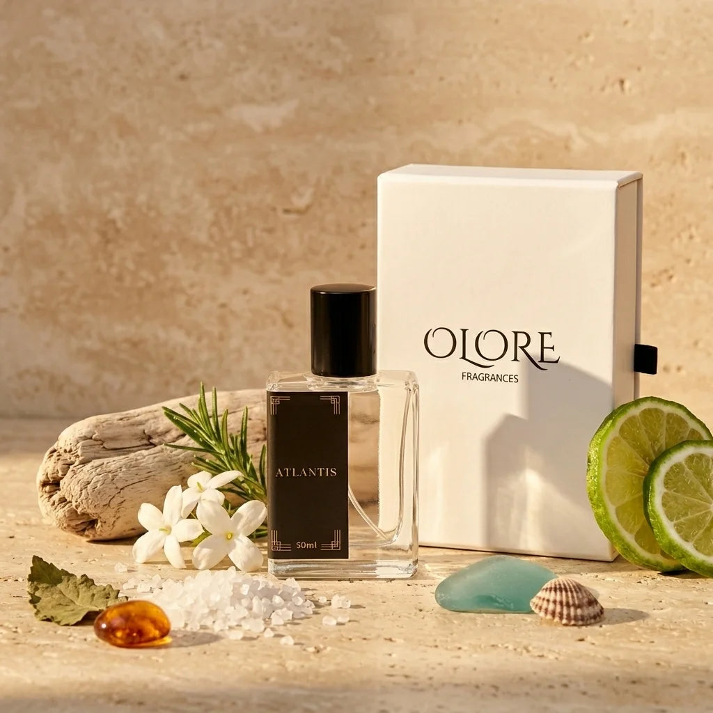Olore Fragrances Atlantis perfume bottle with packaging on a beach-themed setting