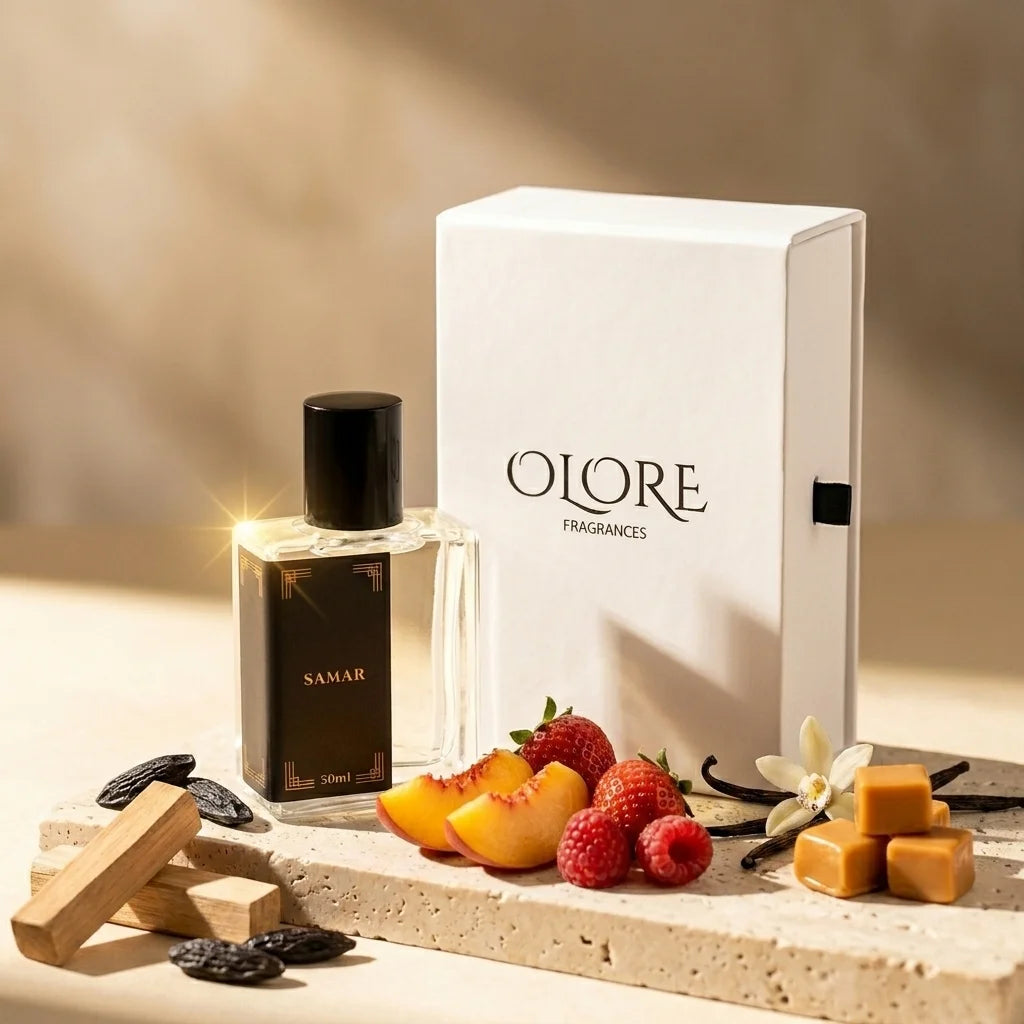 OLORE Fragrances Samar perfume bottle with fruits and vanilla beans on a neutral background