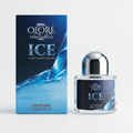 Oloré Fragrances Ice Eau de Parfum bottle with a metallic silver cap next to its blue and black packaging box, set against a plain white background.
