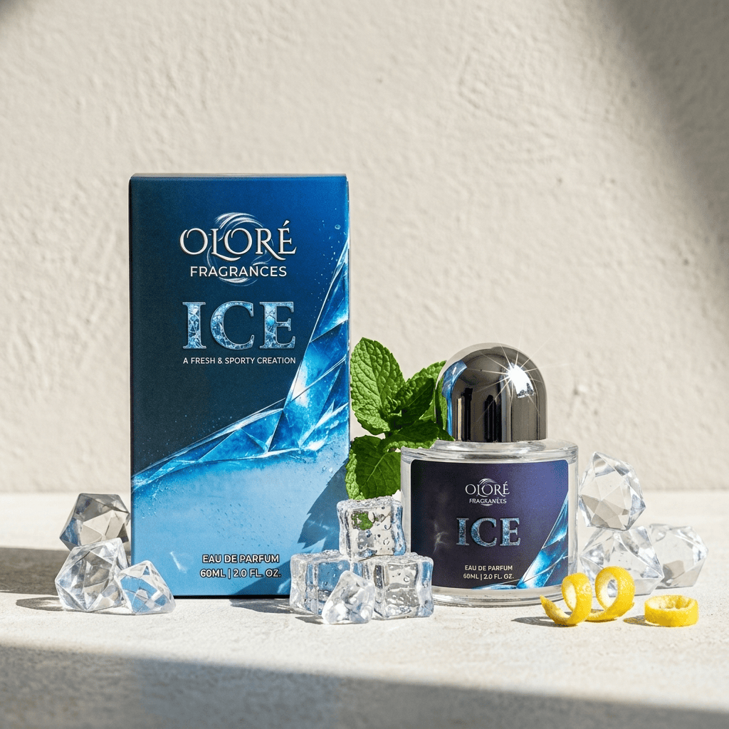 Oloré Fragrances ICE Eau de Parfum bottle and its blue packaging box, styled with ice cubes, a mint leaf, and yellow citrus peel on a textured white surface.