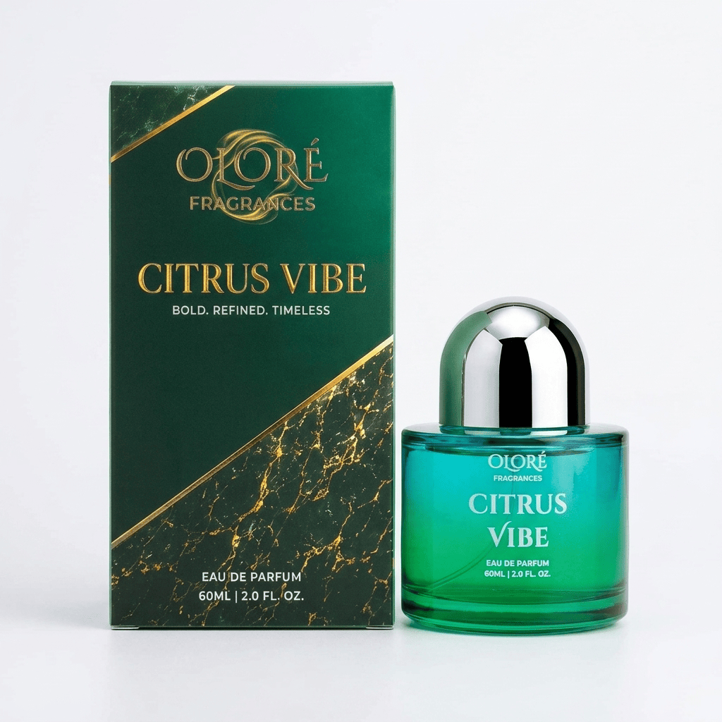 Otoré Fragrances Citrus Vibe Eau de Parfum bottle and its green packaging box with gold accents, set against a clean white background.