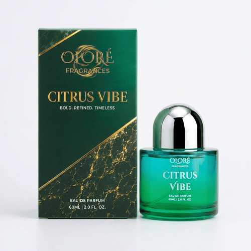 Otoré Fragrances Citrus Vibe Eau de Parfum bottle and its green packaging box with gold accents, set against a clean white background.