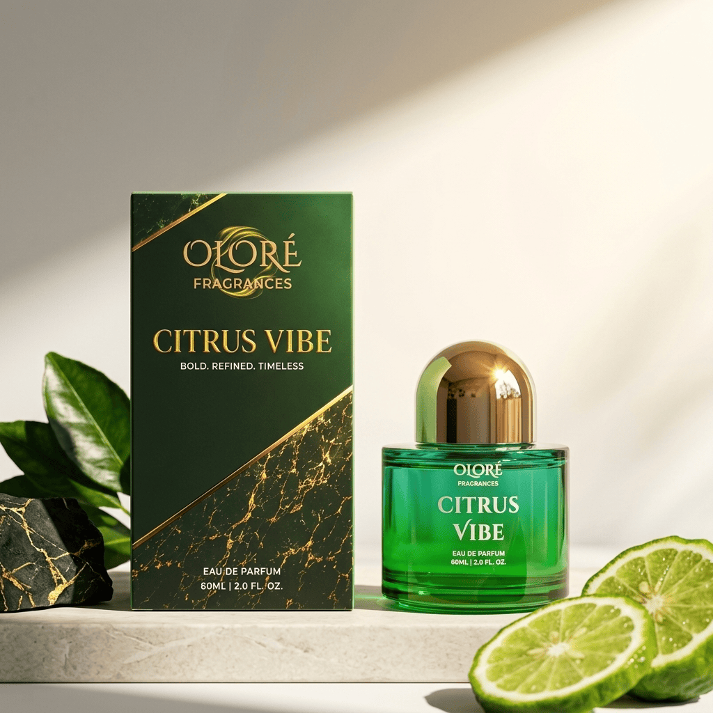 Oloré Fragrances Citrus Vibe Eau de Parfum bottle and its dark green box, styled with fresh lime slices and green leaves on a light stone surface.