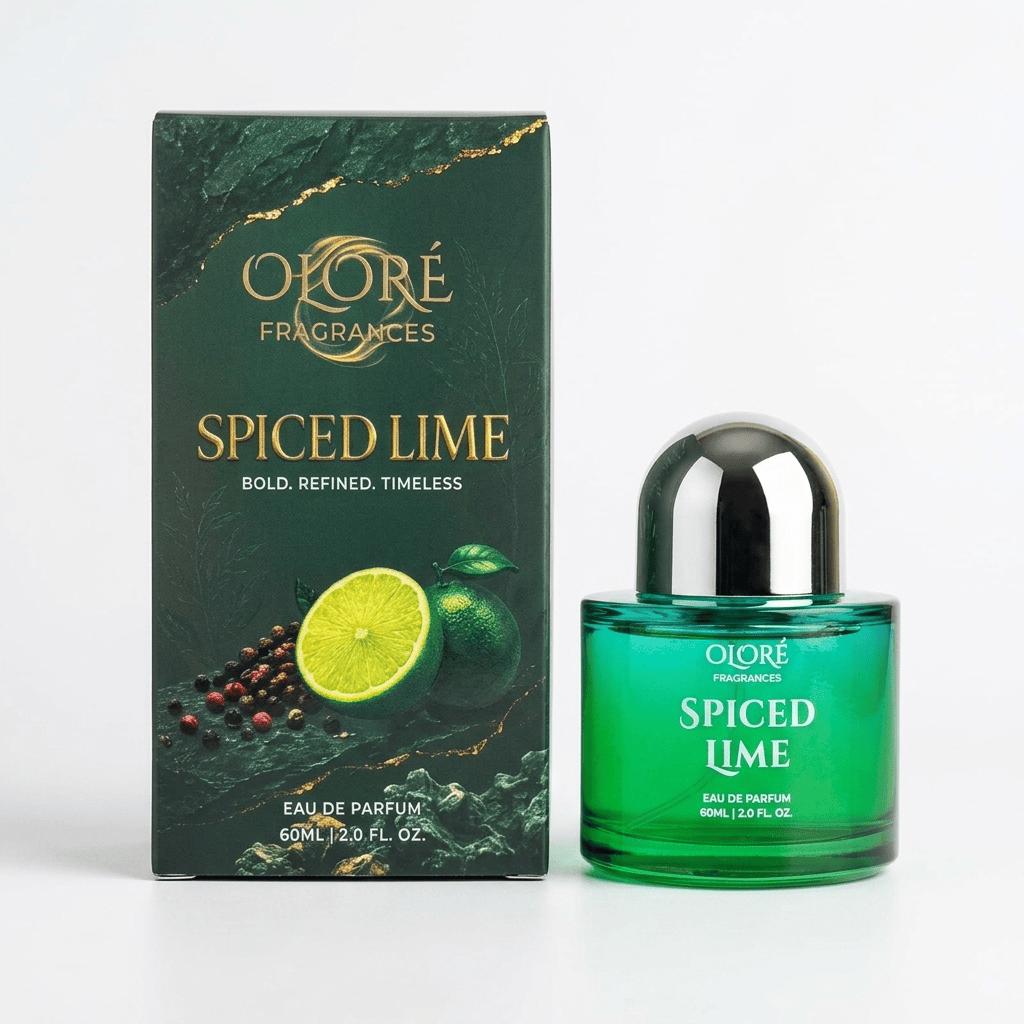 Oloré Fragrances Spiced Lime Eau de Parfum bottle and its dark green packaging box, featuring lime and pepper illustrations on a white background.