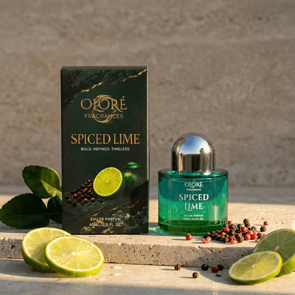 Oloré Fragrances Spiced Lime Eau de Parfum bottle and its dark green packaging box, styled with fresh lime slices, peppercorns, and green leaves on a stone surface against a textured stone wall.
