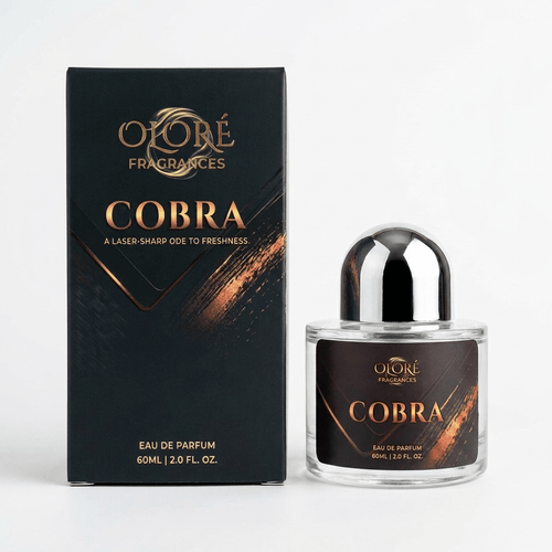Oloré Fragrances Cobra Eau de Parfum shown with its black packaging box and a clear glass bottle with a metallic silver cap on a white background.