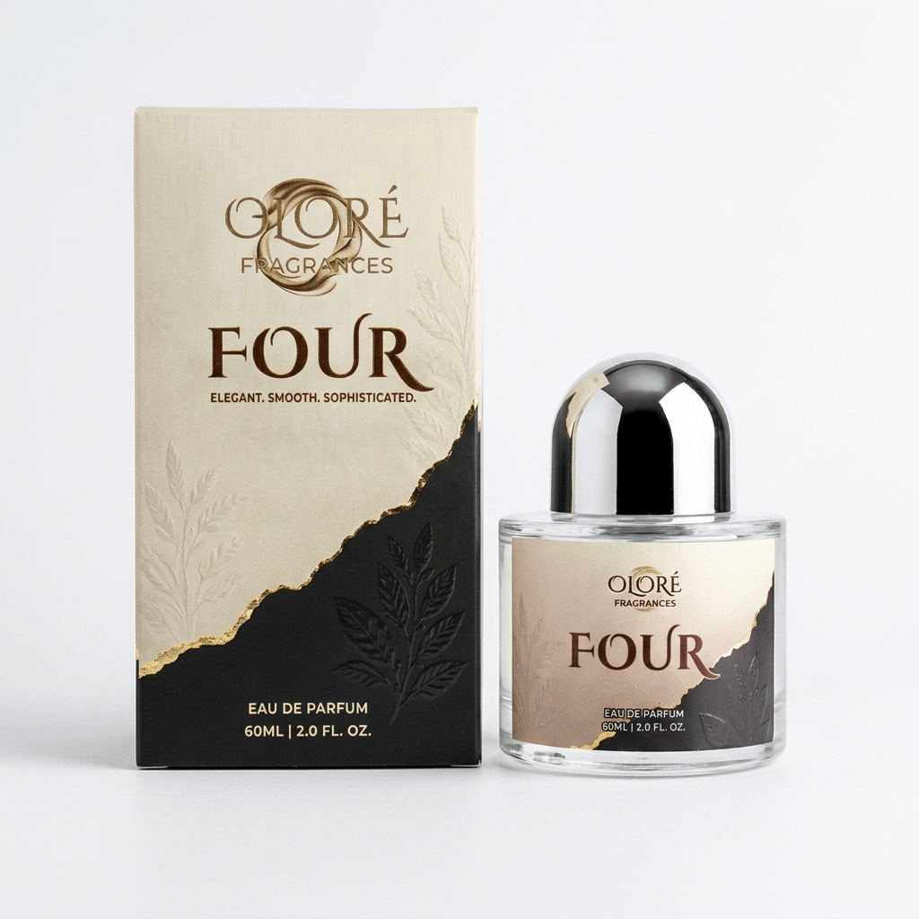 Oloré Fragrances Four Eau de Parfum bottle with a reflective silver cap next to its beige and black packaging box, set against a clean white background.