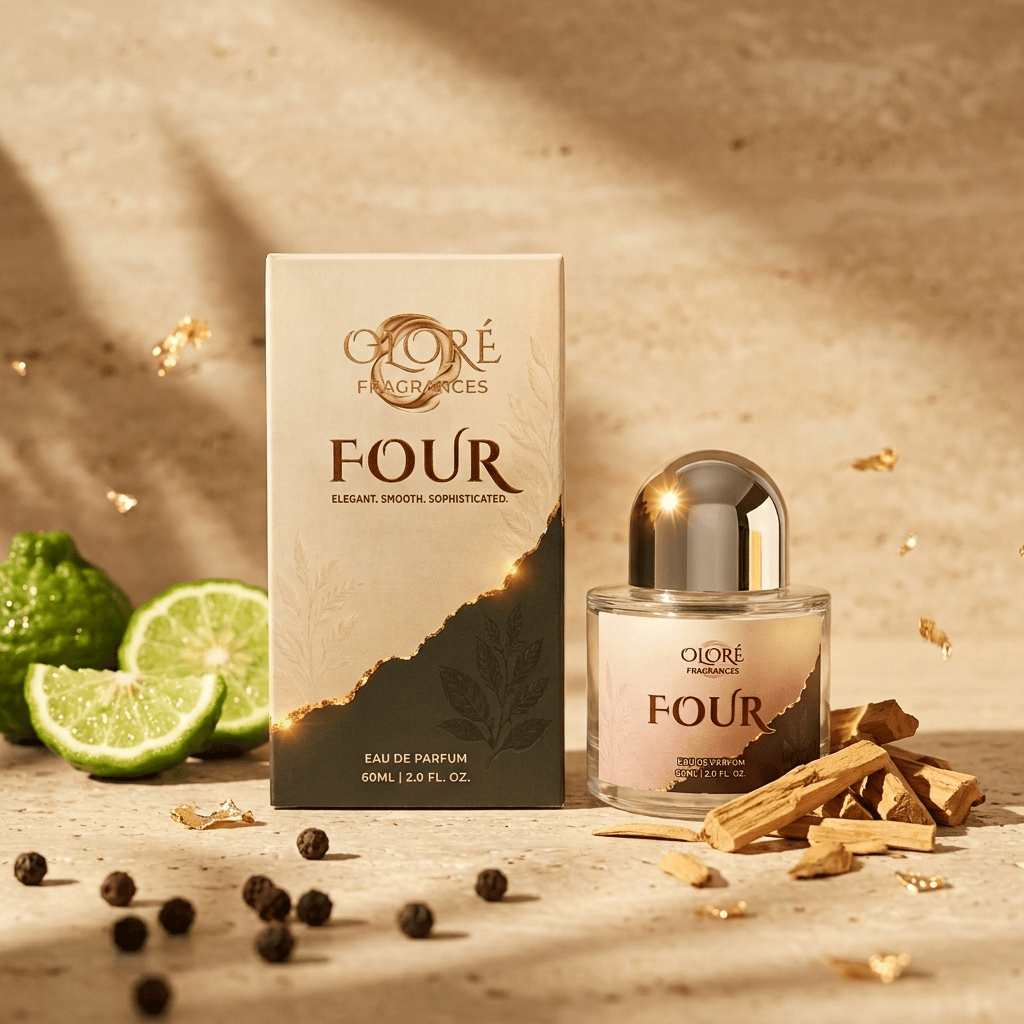 Olore Fragrances Four Eau de Parfum bottle and its box, styled with limes, wood chips, and peppercorns on a textured beige surface under warm directional light.