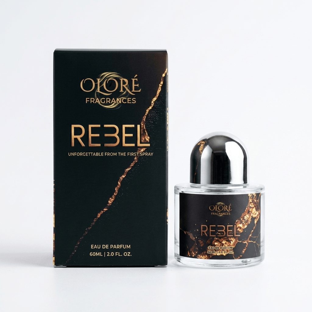 Oloré Fragrances Rebel Eau de Parfum 60ml bottle next to its black and gold packaging box on a clean white background.