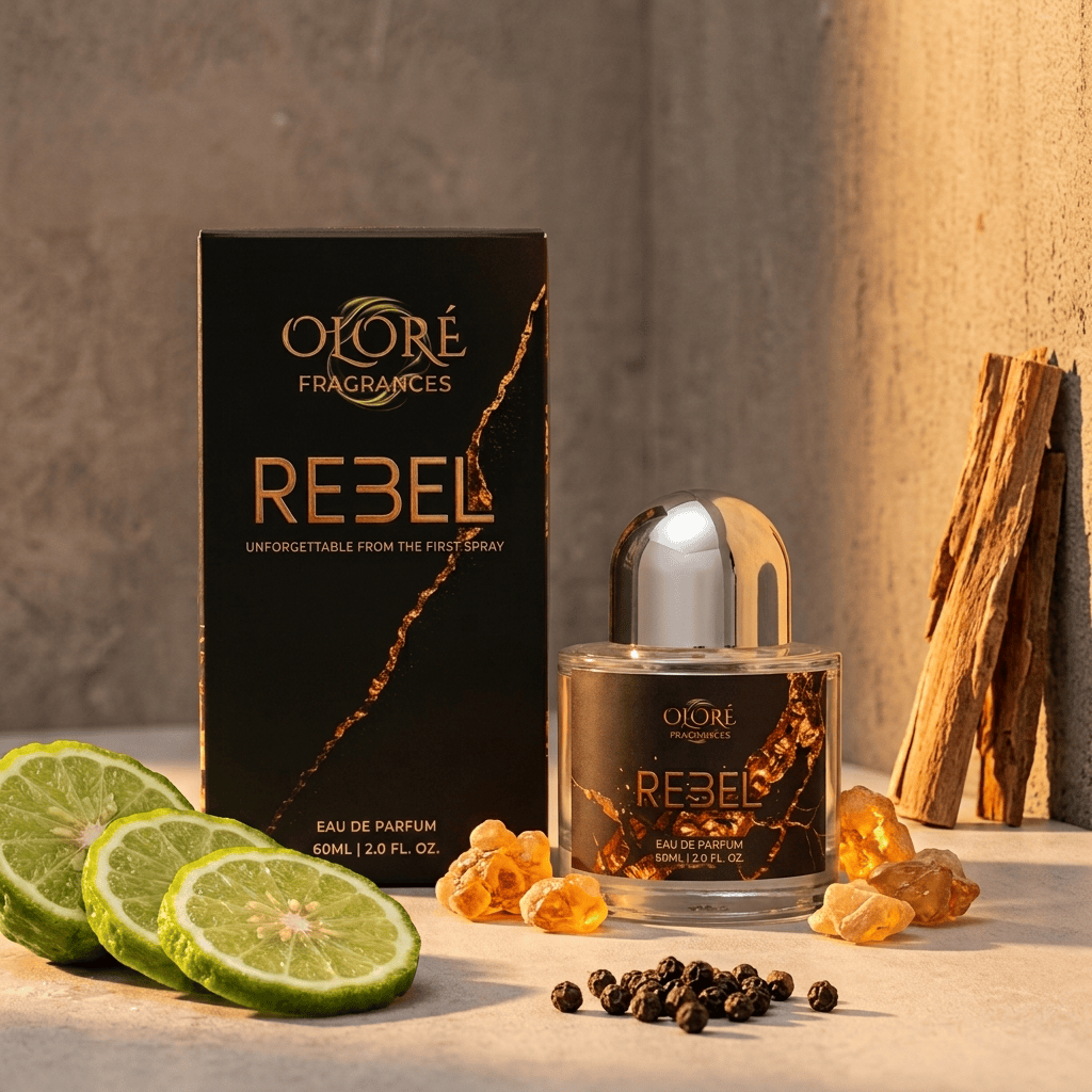 Otoré Fragrances Rebel Eau de Parfum bottle and box displayed on a stone surface with lime slices, amber pieces, peppercorns, and wood logs in warm sunlight.