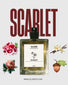 Oloère Fragrances Scarlet perfume bottle with floral and fruit illustrations on a light gray background.