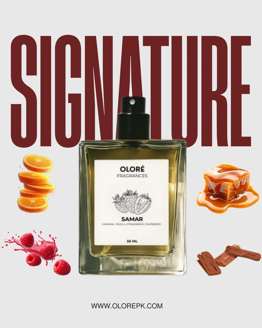 Oloère fragrances bottle with fruit and spice illustrations on a white background