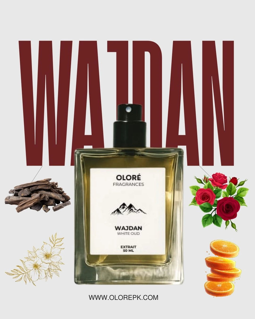 Perfume bottle labeled 'Wajdan' with decorative elements and branding on a light background