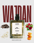 Perfume bottle labeled 'Wajdan' with decorative elements and branding on a light background